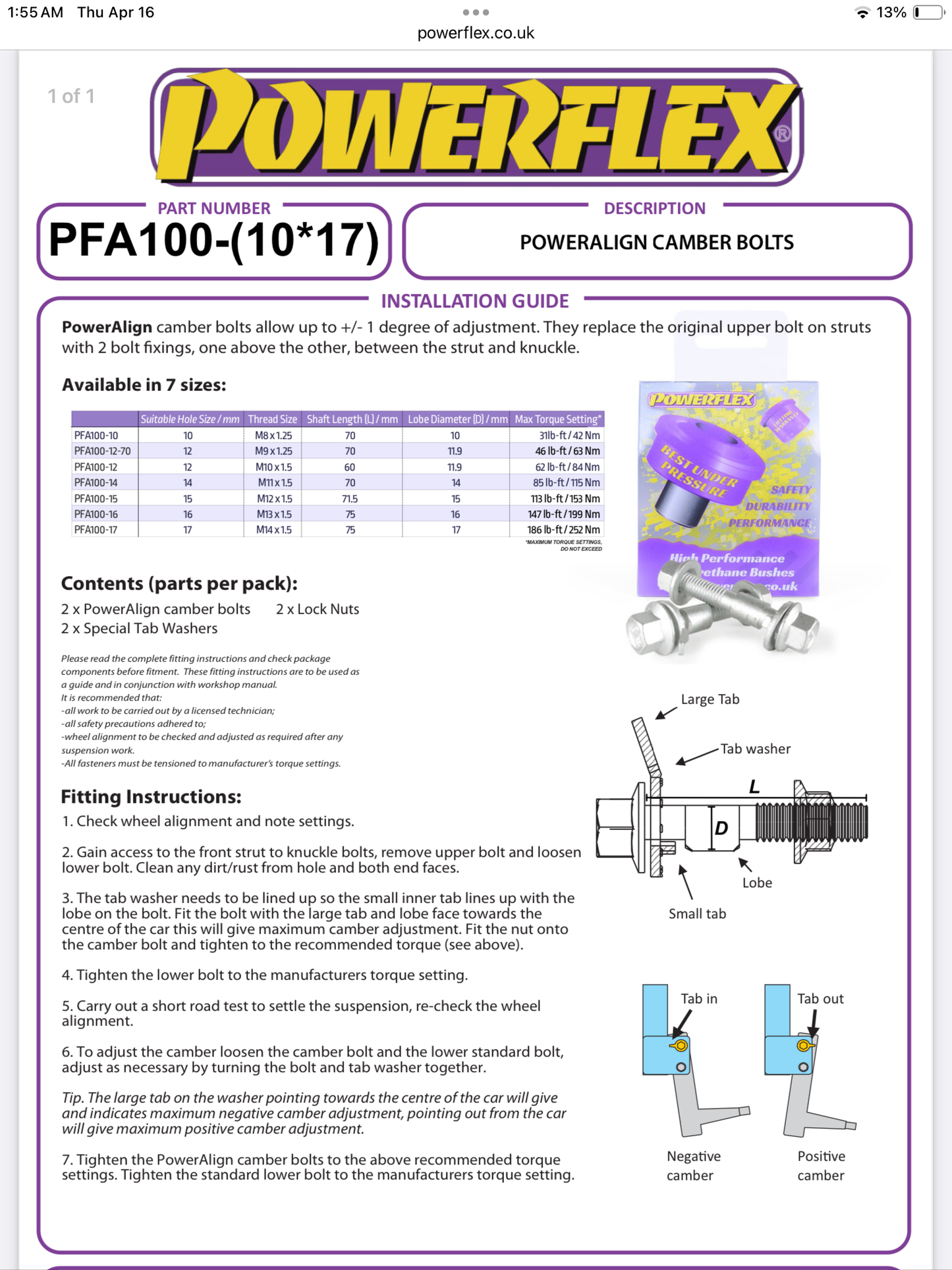 POWERALIGN CAMBER BOLT KIT (14MM) PFA100-14