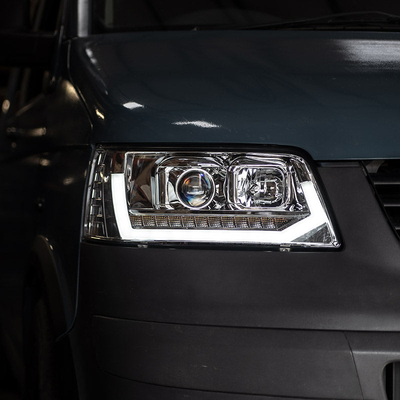 VW Transporter T5 (2003-09) - Headlights - Sequential Indicator - V2 - LED DRL - RHD - Chrome