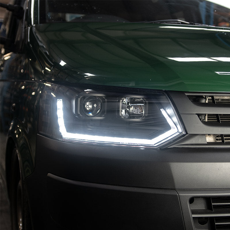 VW Transporter T5.1 (2010-15) - Headlights - Sequential Indicator - V3 - LED DRL - RHD - Black