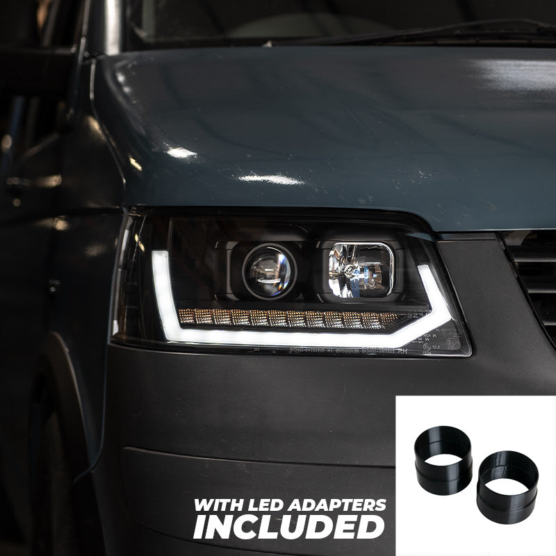 VW Transporter T5 (2003-09) - Headlights - Sequential Indicator - V2 - LED DRL - RHD - Black
