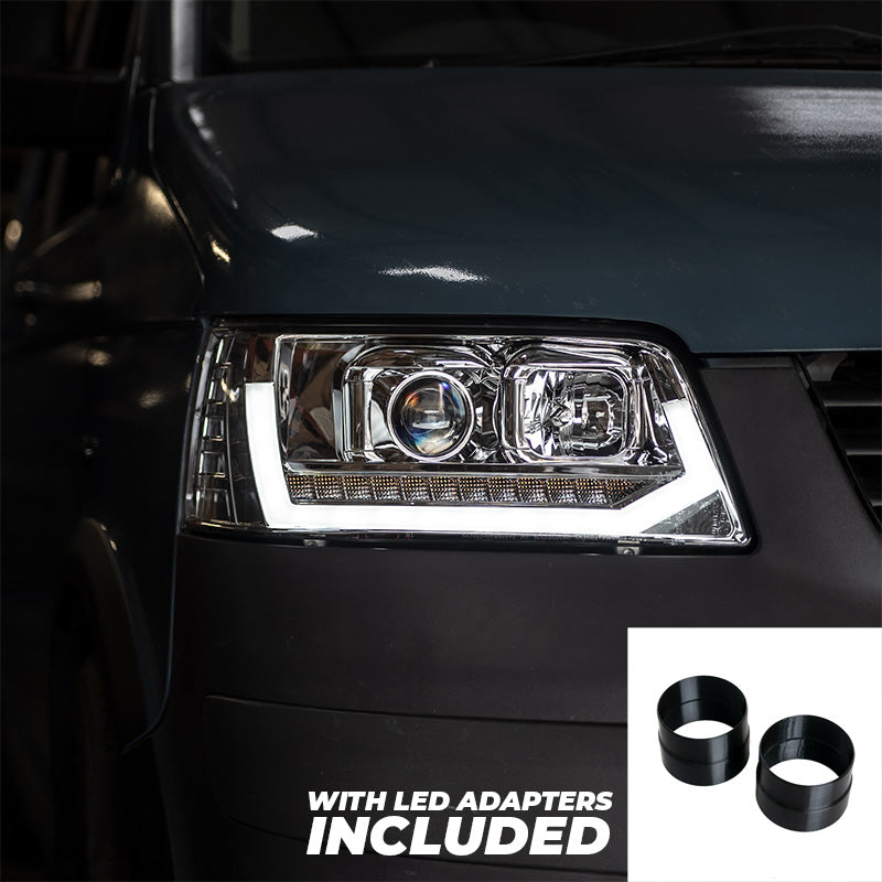 VW Transporter T5 (2003-09) - Headlights - Sequential Indicator - V2 - LED DRL - RHD - Chrome