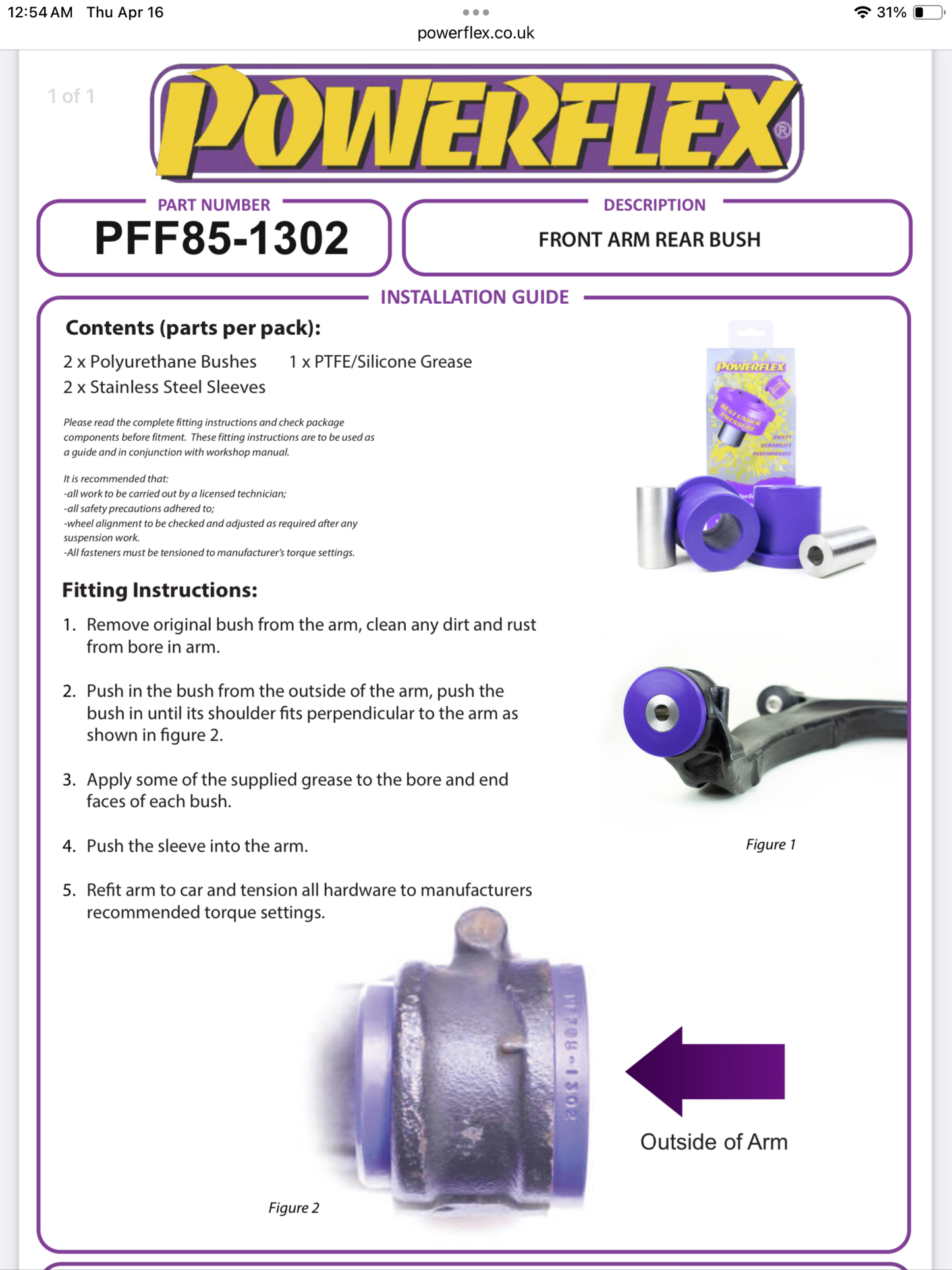 FRONT ARM REAR BUSH PFF85-1302 *non adjustable*