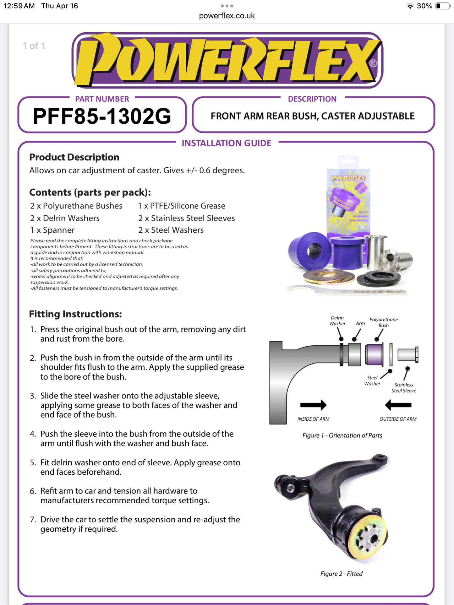 FRONT ARM REAR BUSH, CASTER ADJUSTABLE PFF85-1302G