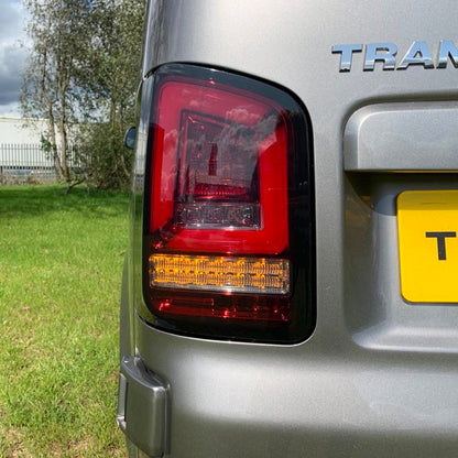 VW Transporter T6 – Rear Lights – Sequential Indicator – LED – RHD – Barn Door – Red Smoke