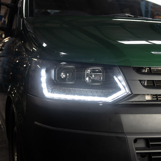 VW Transporter T5.1 (2010-15) - Headlights - Sequential Indicator - V2 - LED DRL - RHD - Black
