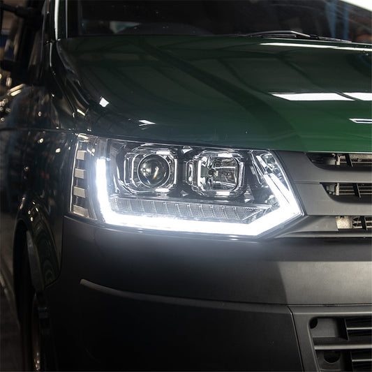 VW Transporter T5.1 (2010-15) - Headlights - Sequential Indicator - V2 - LED DRL - RHD - Chrome